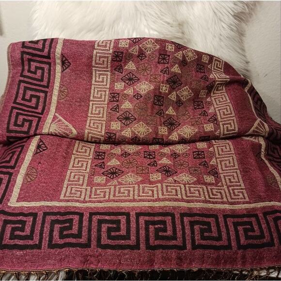 Pashmina EXOTIC Shoulder Wrap Shaw 68" x 25" Maroon & Gold LARGE Fringe Aztec - Picture 9 of 13